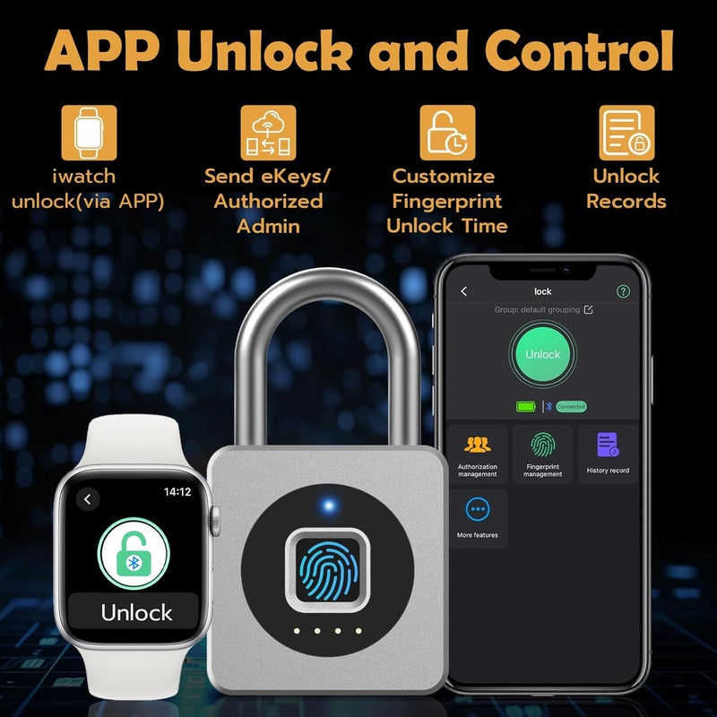 Pothunder Fingerprint Padlock, Fingerprint Lock with APP, Padlock with Steel Cable Keyless Biometric, Waterproof Suitable for Gym, Locker, Helmet, Gate, Fence, Luggage - Image 3
